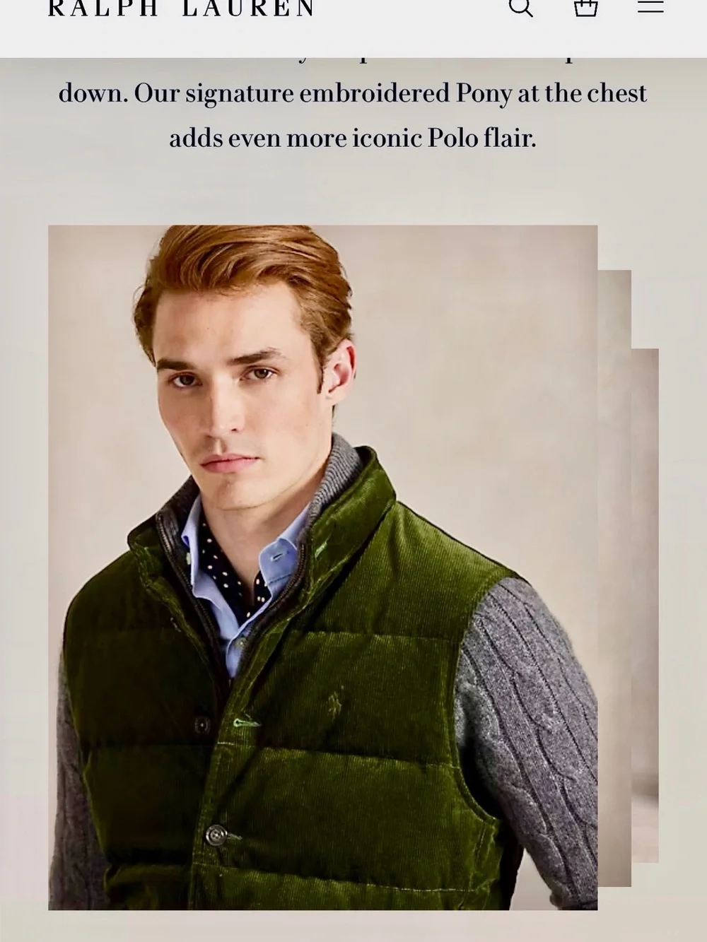 Polo by Ralph Lauren Duck Down Olive Green Corduroy Quilted Vest